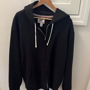 Lands' End Men’s Black Full-Zip Hooded Sweatshirt with White Drawstrings